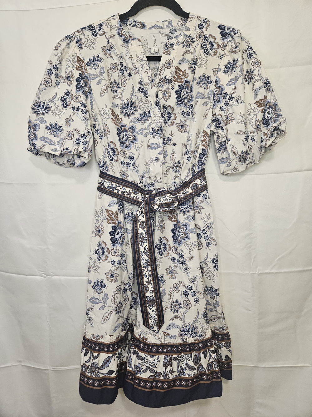 Joie Cream Midi Dress with Blue and Brown Floral Print Puff sleeve Casual